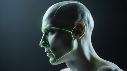 Closeup profile of a bald head with glowing green lines tracing facial features