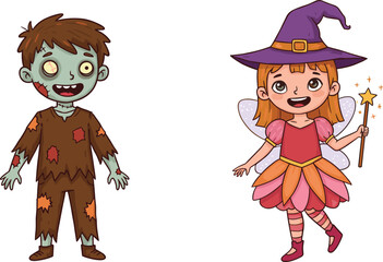 Cartoon children Halloween costumes, zombie outfit, fairy witch dress, star wand, spooky theme, festive attire, playful pose, colorful, standing, cheerful