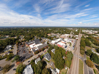 Sunny Day Time Drone Images of Downtown Apex North Carolina and Surrounding Areas