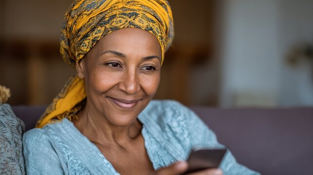smiling middle aged african woman with traditional head turban sitting on couch at home using smartphone beautiful african american woman with typical headscarf scrolling through internet on phone no - Powered by Adobe