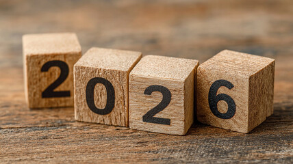 New Year 2026. Close-up of wooden cubes with the numbers 2026. Side view. The wooden cubes symbolize the countdown to the New Year. Close-up of the cubes with the numbers 2026