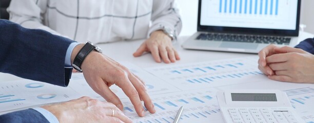 Business professionals analyzing financial data using charts, graphs, and reports during an office meeting, collaborating on strategy and economic growth