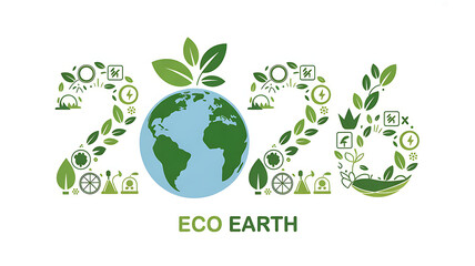 2026 globe made of green leaves and eco symbols with text eco earth image