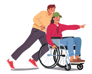 Man pushing wheelchair with coworker having disability sharing help and support isolated on white