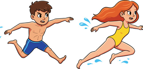 Cartoon children jumping near water, summer fun, swimwear, splashing motion, energetic pose, playful scene, outdoor activity, dynamic action, joyful expression