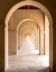 Fototapeta premium Endless arched walkway perspective with sunlight at the end