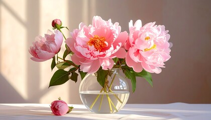 Close-up of vibrant pink peonies in a glass vase, bathed in sunlight
