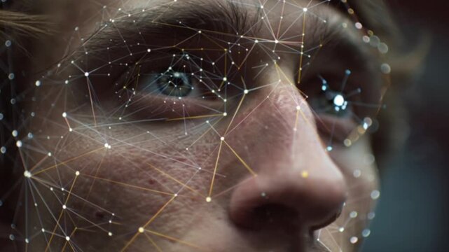 Facial recognition innovative technology analyzing a human face with triangulation points and digital mapping, set against a cinematic bokeh background showcasing futuristic AI and security