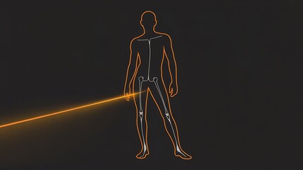 Anatomical illustration of a human skeleton with a glowing orange laser beam pointing to the hip joint