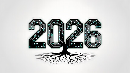 2026 year numbers formed by glowing circuit board tree roots and branches technology
