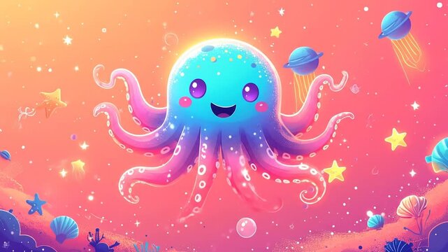 Cartoon octopus illustration with vivid colors and cosmic elements