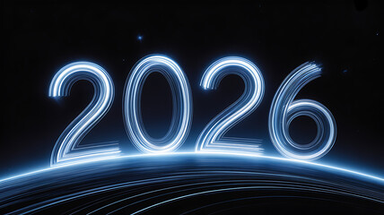 Glowing blue light trails form the year 2026 over a dark cosmic horizon new year future