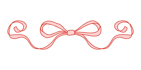 Whimsical coquette pink bow ribbon with red outline. Cute and elegant design element for Valentines Day, packaging, greeting cards, scrapbooking, feminine branding, and decorations. Vector art © Viktoriia