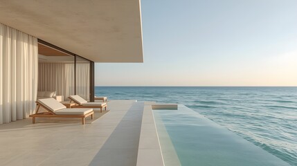 Modern oceanfront villa with sun loungers by an infinity pool overlooking the calm blue sea, creating a serene and luxurious coastal atmosphere.