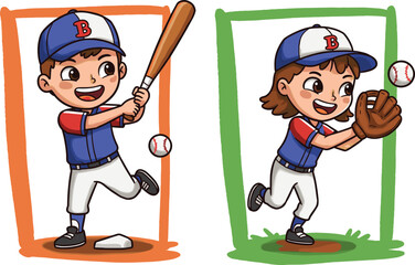 Cartoon children playing baseball, baseball bat, baseball glove, blue uniform, red cap, cheerful pose, action scene, standing, outdoor, dynamic