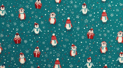 charming penguin christmas pattern teal  red festive design ai generated