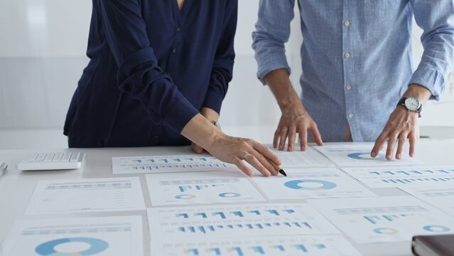 Professional business team analyzing financial reports, sharing insights and planning strategic decisions in modern workplace setting