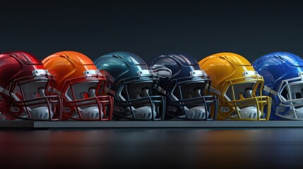 a vibrant display of colored football helmets lined up highlighting their sleek designs and sporty appeal perfect for capturing the essence of american football culture