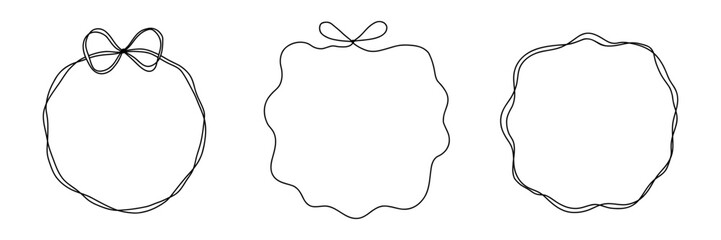 Circle bow ribbon frame collection. Hand drawn border. Cute doodle drawing. Modern minimalist art. Coquette elegant romantic design element for Valentines Day, Wedding, Christmas. Vector illustration