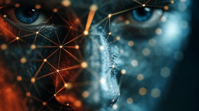 Facial recognition innovative technology analyzing a human face with triangulation points and digital mapping, set against a cinematic bokeh background showcasing futuristic AI and security