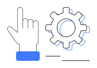 Hand pointing upward next to a gear icon signifying interaction, technology, and automation. Ideal for settings, control, preferences, tools, innovation decision-making and digital workflow. Simple