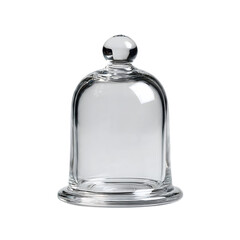 Clear glass cloche with a round knob on top sitting on a clear glass base against a black background