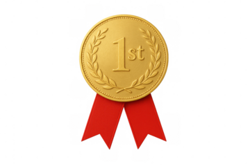 Gold medal with 1st text and laurel wreath on red ribbon celebrating victory, success, and achievement