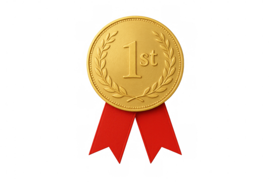Gold medal with 1st text and laurel wreath on red ribbon celebrating victory, success, and achievement