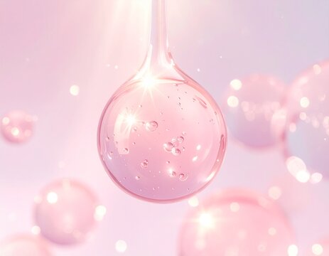 みずみずしいピンクのぷるぷる球体が輝く保湿美容液イメージ　ジェネレーティブAI