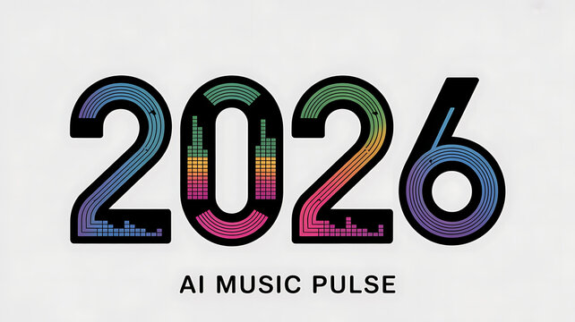 2026 year number with colorful sound equalizer bars and vinyl record grooves music