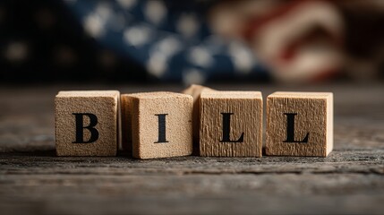 Wooden blocks spell out BILL against a blurred American flag backdrop, symbolizing legislation, finance, and national policy discussions.