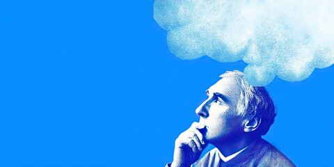 man thinking with thought bubble over his head - monotone blue and white