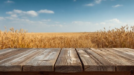 Naklejka na ściany i meble empty rustic wooden table on background of golden wheat field under sunny sky agriculture countryside farming bakery mockup for food product placement and eco style design harvest season Naklejka na ściany i meble empty rustic wooden table on background of golden wheat field under sunny sky agriculture countryside farming bakery mockup for food product placement and eco style design harvest season