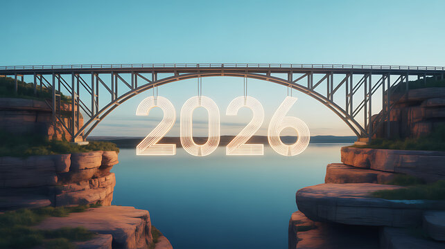 Year 2026 illuminated numbers suspended beneath a steel arch bridge over a calm blue lake at sunset glowing - Powered by Adobe