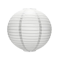 Isolated white paper lantern with horizontal lines and vertical supports on a black background view