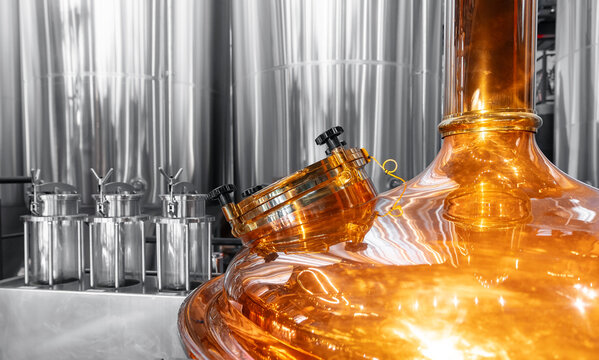 Modern brewery factory with copper vat and stainless steel equipment - Powered by Adobe