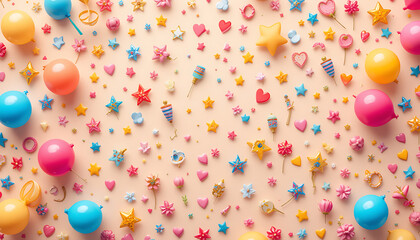 Cheerful event background colorful balloons hearts stars confetti