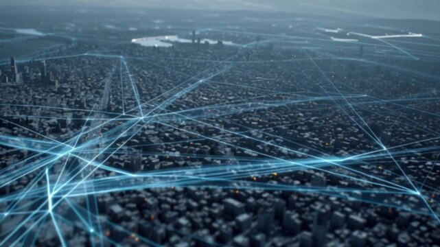 A futuristic high-tech map displaying geo-location triangulation graphics and digital overlays, showcasing advanced GPS tracking, global connectivity, and cinematic visualization of modern navigation