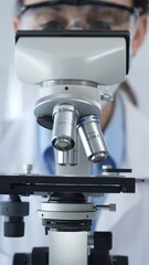 Scientist wearing lab coat and protective glasses using a modern microscope in a laboratory setting, conducting research and experiments in a scientific environment. Health care and science concept