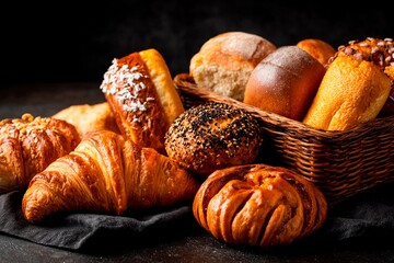 A warm selection of assorted breads and pastries fills a woven basket, showcasing croissants, rolls, and sweet treats. The dark background highlights their golden textures