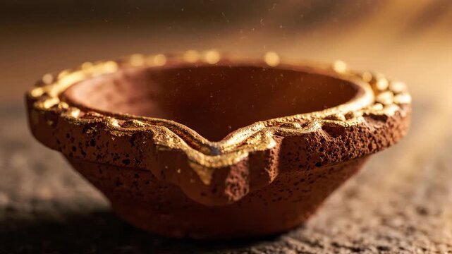 Traditional Indian clay diya lamp with falling golden glitter.