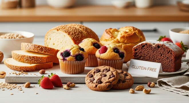 Wholesome gluten free bakery items presented on a bright kitchen surface. Fresh bread, berry muffins, chocolate cake, cookies, nuts, berries.