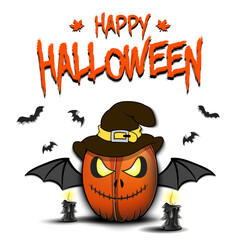 Happy Halloween. Template design. Rugby ball in the form of a pumpkinin in witch hat with bat wings and candles on an isolated background. Pattern for poster, greeting card. Vector illustration