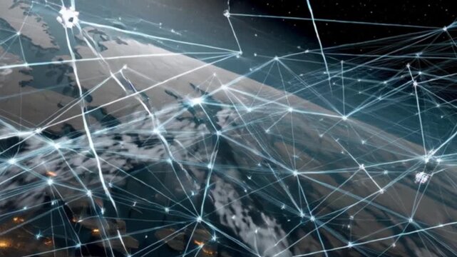 A futuristic high-tech map displaying geo-location triangulation graphics and digital overlays, showcasing advanced GPS tracking, global connectivity, and cinematic visualization of modern navigation