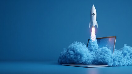 Stunning blue startup concept with rocket launching from laptop symbolizing business growth and innovation for tech companies and digital marketing campaigns