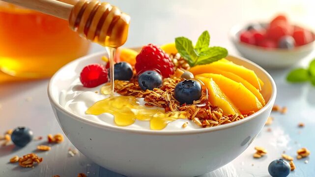 Honey-Drizzled Yogurt Parfait with Fresh Fruits, Healthy Breakfast Delight