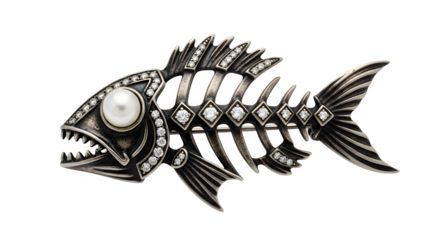 Glamorous fish skeleton brooch with pearl eye and diamond accents sparkles with edgy elegance and luxury appeal