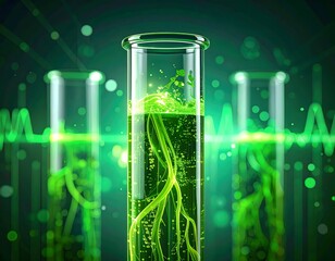Close-up of a bright green, transparent, luminous 3D digital test tube, with complex, flowing green data streams visible inside. It is integrated into a sleek, minimalist digital dashboard.