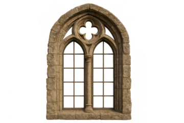 Gothic arched stone window with tracery and mullions. Medieval architectural element on transparent background