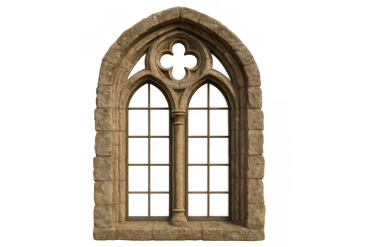 Gothic arched stone window with tracery and mullions. Medieval architectural element on transparent background